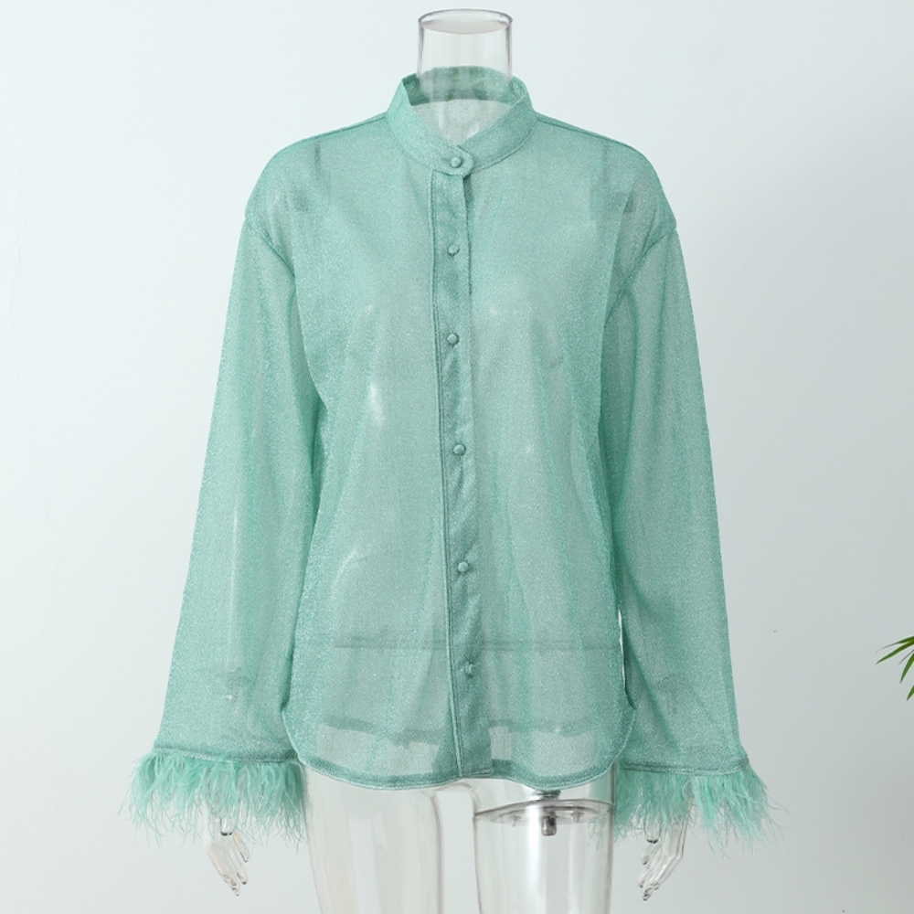 Shiny Feather Patchwork Solid Shirt For Women Chic Stand Collar Single-breasted - Picture 4 of 8